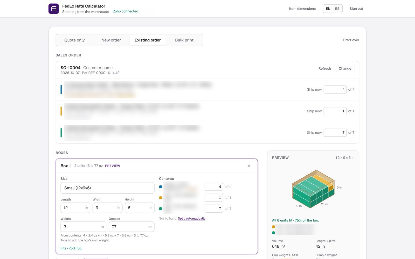 The shipping app: an existing sales order with items to ship, a box being packed, and a 3D preview showing the items fit 75% of the box