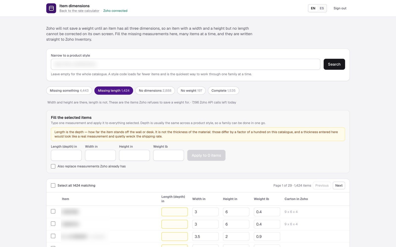 The bulk item editor: items grouped by what they are missing, with one measurement applied to many items at once and written back to Zoho Inventory