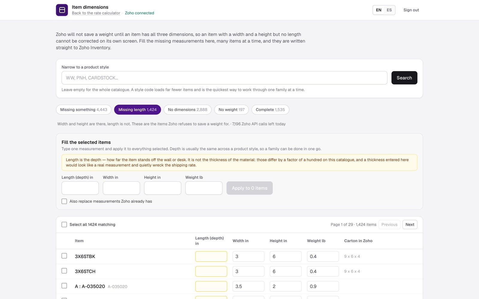 The item dimensions screen showing gap filters such as Missing length and No dimensions, with a bulk fill panel